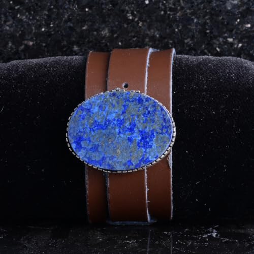 KAMBO Natural Lapis Lazuli Genuine Leather Cuff Bracelet for Men, Stone in 925 Sterling Silver Frame, Handmade Wide Wris