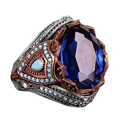 925 Sterling Silver Men's Ring, Artificial Blue Sapphire, Stylish Turkish Design