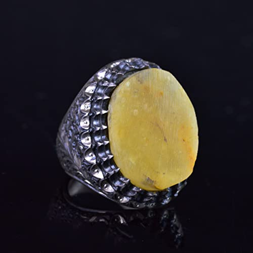 KAMBO Handmade Vintage Raw Amber Gemstone Men's Statement Ring, 925 Sterling Silver Bold Design, Unique Birthday Gift fo