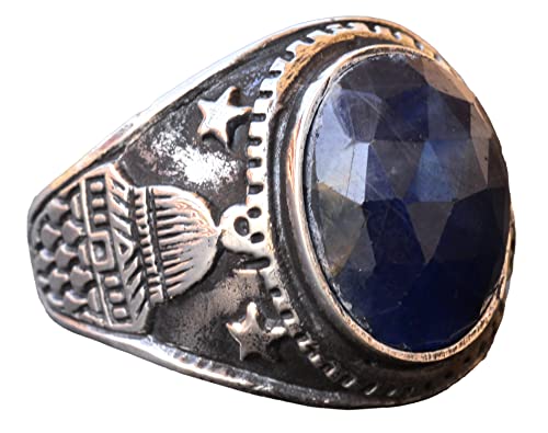 KAMBO Handmade 925 Sterling Silver Men's Ring with Genuine Natural Sapphire Gemstone, Minimalist Islamic Mosque Design, 