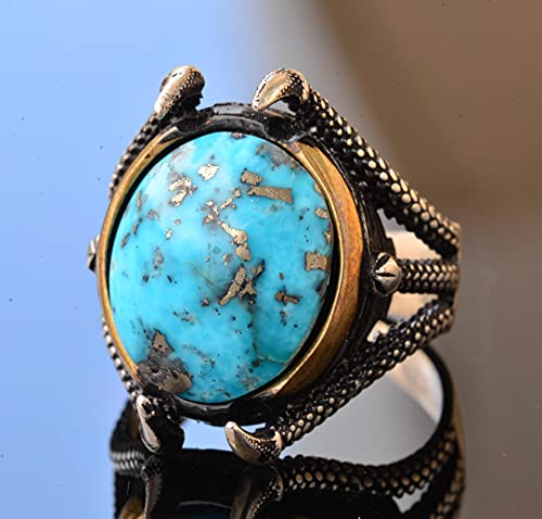 KAMBO Handmade Natural Arizona Turquoise Men's Sterling Silver Eagle Claw Ring 925 Vintage Statement Jewelry Gift for Hi