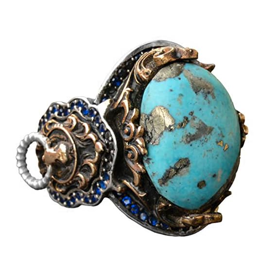 KAMBO Handmade 925 Sterling Silver Men's Ring with Genuine Natural Arizona Turquoise Gemstone Lion Design Vintage Statem