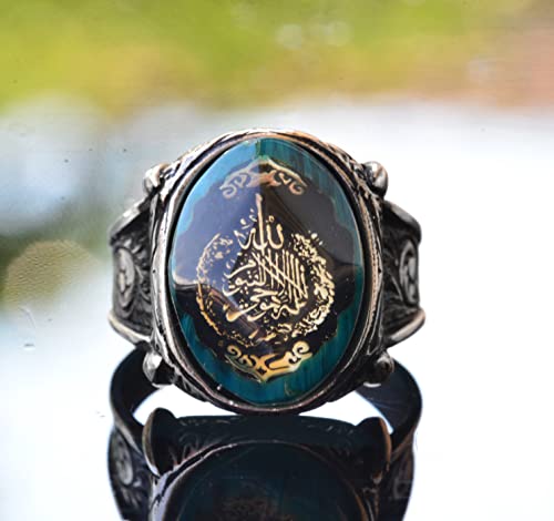 KAMBO Handmade 925 Sterling Silver Ayatul Kursi Ring with Amber Gemstone, Islamic Arabic Calligraphy Design, Vintage Sta