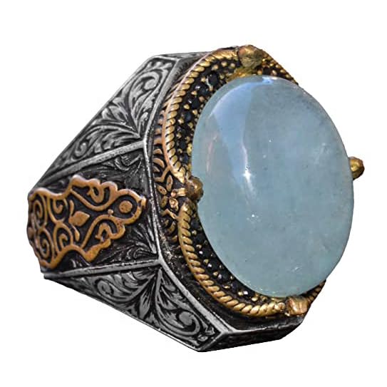 Handmade Vintage Design Emerald Ring - 925 Sterling Silver Men's Ring with Gold Accent (Aquamarine)
