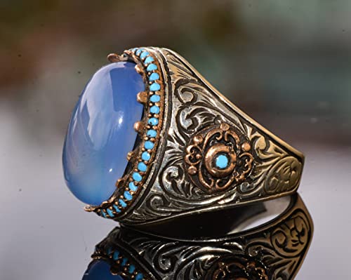 KAMBO Handmade Men's Sterling Silver Ring with Real Natural Chalcedony Gemstone, 11.40 Carat, Vintage Statement Cocktail