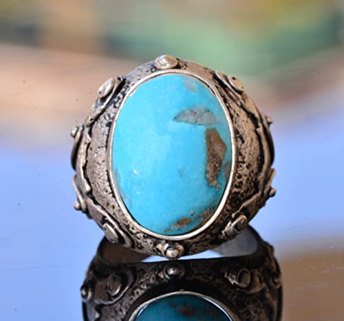 925 Sterling Silver Real Arizona Turquoise Gemstone Byzantium Men's Ring - Genuine Handmade Jewelry (Style-3)