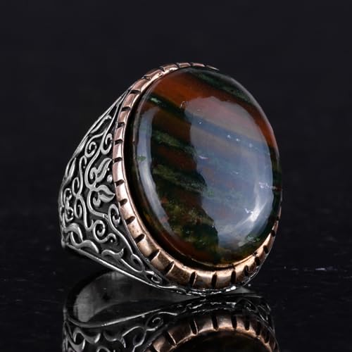 KAMBO Handmade Men's Ring with Natural Green Bloodstone Gemstone, Minimalist Vintage Design, 925 Solid Sterling Silver, 