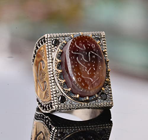 KAMBO Natural Agate Gemstone Ring for Men, Handmade 925 Sterling Silver Islamic Arabic Art Deco Design, Vintage Statemen