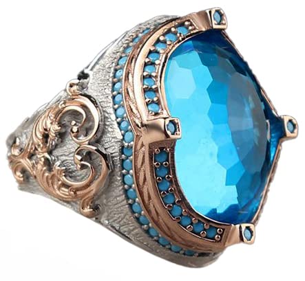 Blue Topaz Stone Handmade 925 Sterling Silver Men's Ring, Vintage Rhodium Plated Design, Unique Handmade Jewelry