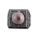 KAMBO Natural Round Stone Square Men's Ring 925 Sterling Silver – Ottoman Pattern Handmade Stone Ring (Yemen Agate)