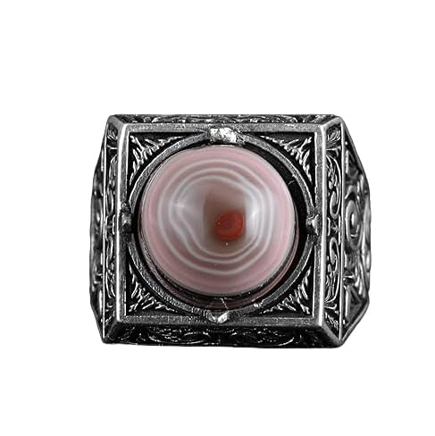 KAMBO Natural Round Stone Square Men's Ring 925 Sterling Silver – Ottoman Pattern Handmade Stone Ring (Yemen Agate)