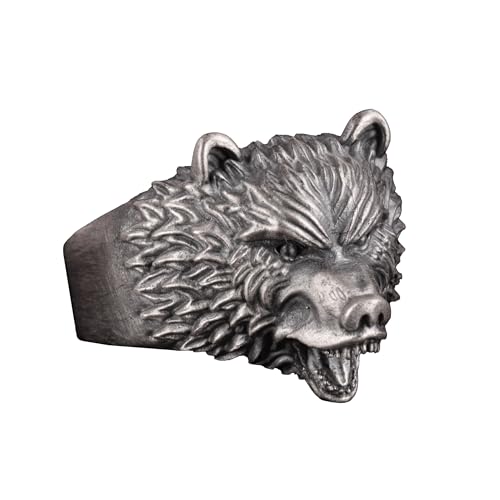 KAMBO Handmade 925 Sterling Silver Bear Head Men’s Ring - Gothic Angry Bear Design, Animal Motif Statement Jewelry, Vint