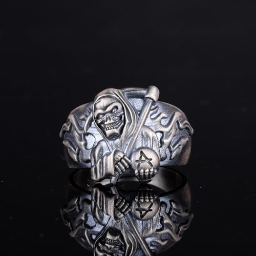 KAMBO 925 Sterling Silver Men's Grim Reaper Ring Handmade Gothic Skull Design Vintage Punk Rock Statement Jewelry Silver