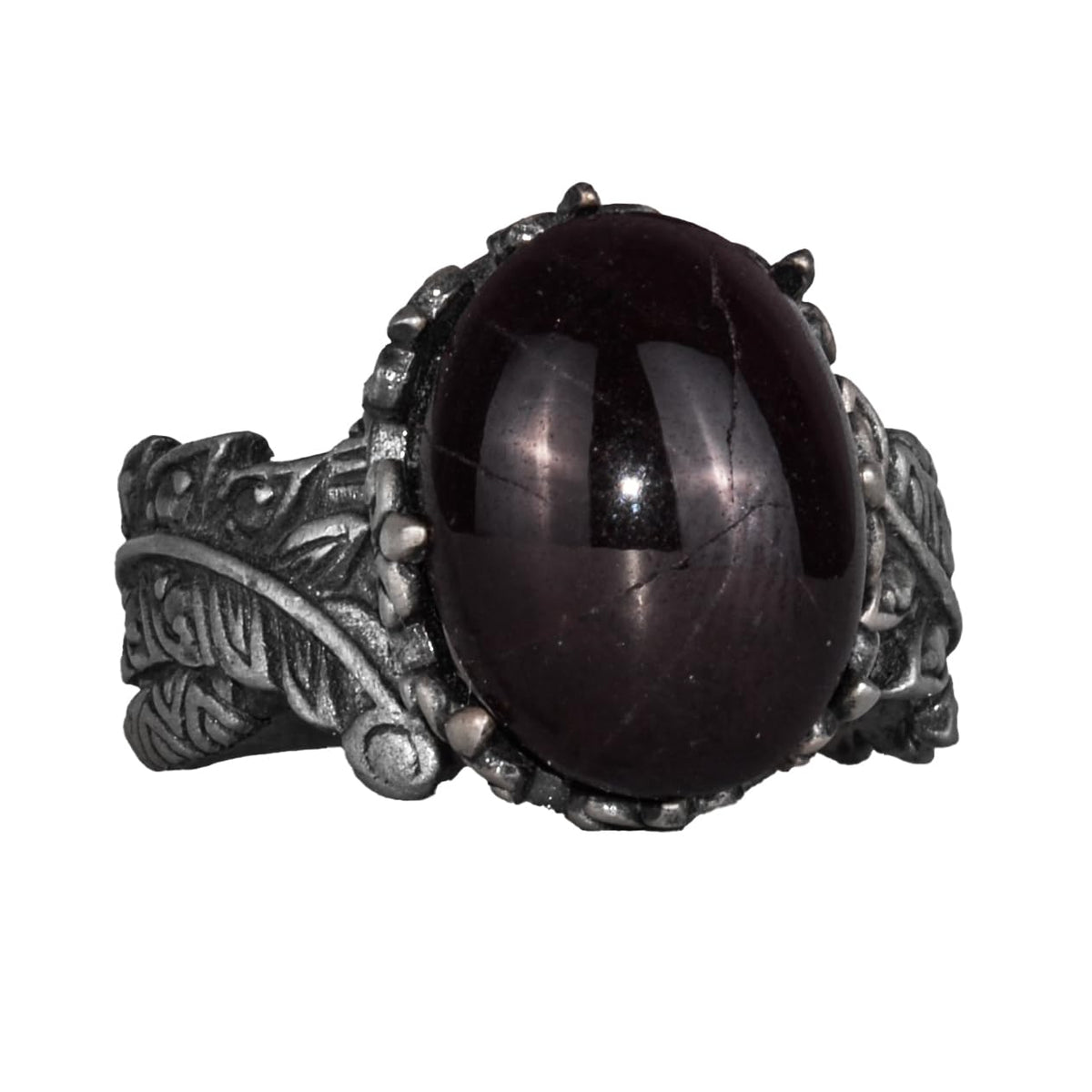 925 Sterling Silver Ring with Natural Star Garnet Stone - Handcrafted Leaf Pattern Ring