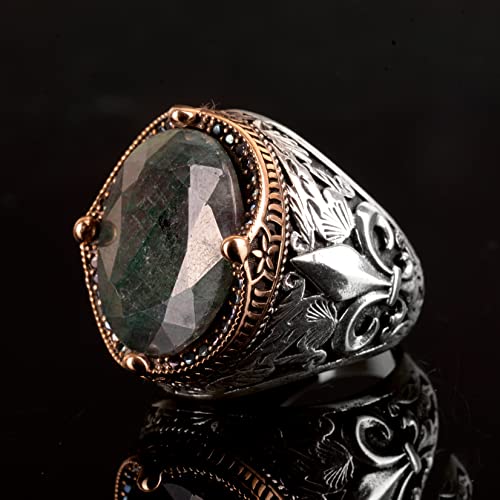 KAMBO Handmade 925 Sterling Silver Emerald Ring for Men, Vintage Art Deco Statement Cocktail Ring, Genuine Emerald Gemst