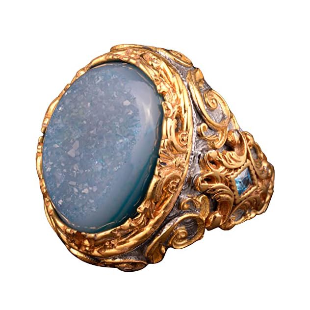 Men's Silver Ring: Crystal Druzy Quartz Stone