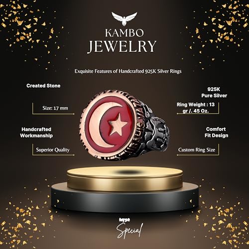 KAMBO Jewelry Handmade 925 Sterling Silver Men's Ring - Turkish Crescent and Star Moonstar Flag Design, Vintage Statemen