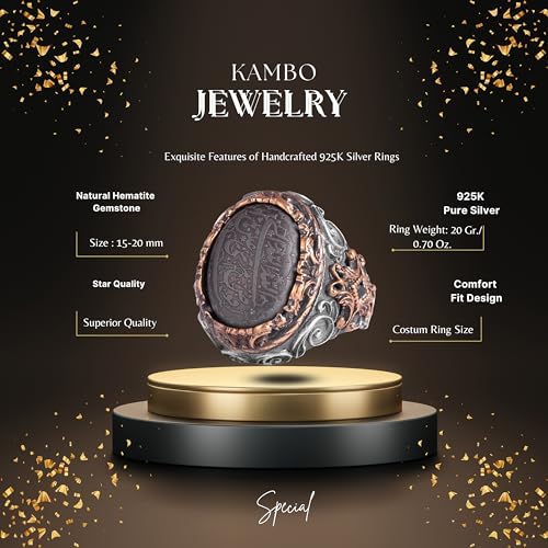 KAMBO Natural Hematite Ring for Men – Handmade 925 Sterling Silver Islamic Ring with Quranic Engraving – Ottoman Style R