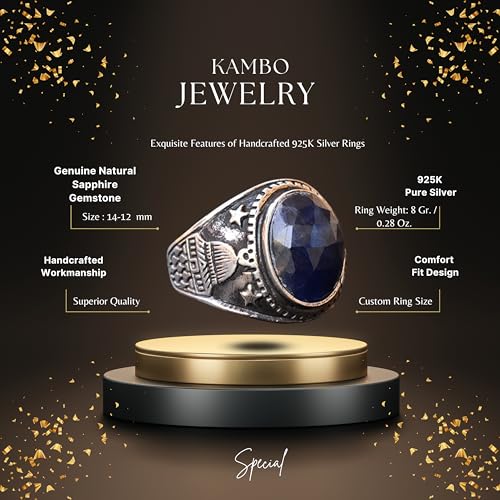 KAMBO Handmade 925 Sterling Silver Men's Ring with Genuine Natural Sapphire Gemstone, Minimalist Islamic Mosque Design, 