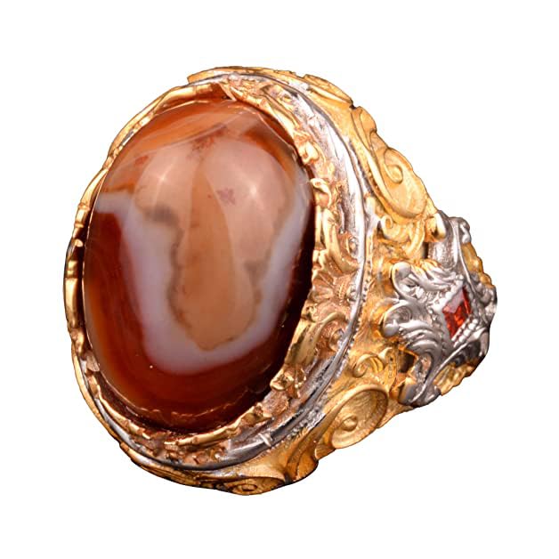 Natural Wood Stone Men's Ring, 925 Sterling Silver Ring