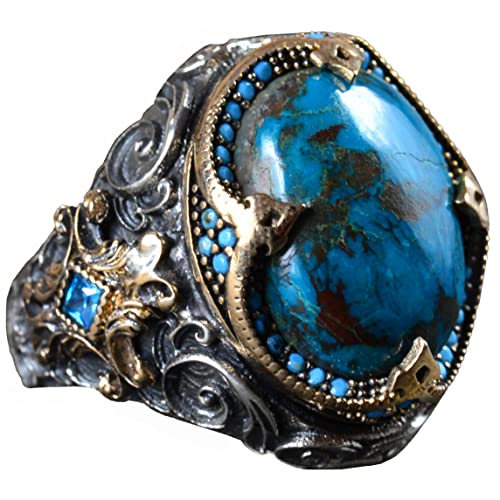 KAMBO Handmade Men’s Ring with Natural Azurite Gemstone, 925 Sterling Silver Art Deco Statement Ring, Vintage Stacking D