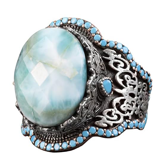 Handmade 925 Sterling Silver Men's Ring with Natural Larimar Stone - Elegant Design