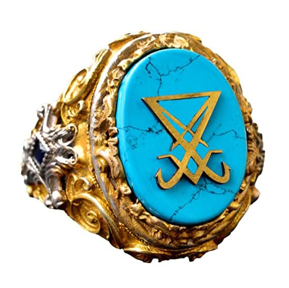 Handcrafted 925 Sterling Silver Men's Lucifer Ring - Natural Turquoise Stone, Gold Plated, Fine Craftsmanship King Seal Design