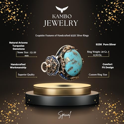 KAMBO Handmade 925 Sterling Silver Men's Ring with Genuine Natural Arizona Turquoise Gemstone Lion Design Vintage Statem