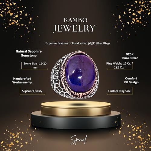 KAMBO Men's Handmade 925 Sterling Silver Ring with Natural Cabochon Sapphire Gemstone, Islamic Religious Design, Vintage