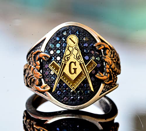 KAMBO Handcrafted 925 Sterling Silver Men's Scorpion Ring with Black Agate Gemstone, Unique Masonic Gold Plated King Sig