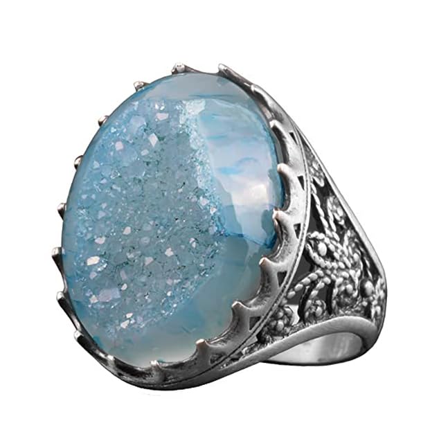 Silver Men's Ring Drusy Quartz Aqua - Shiny Stone Collection