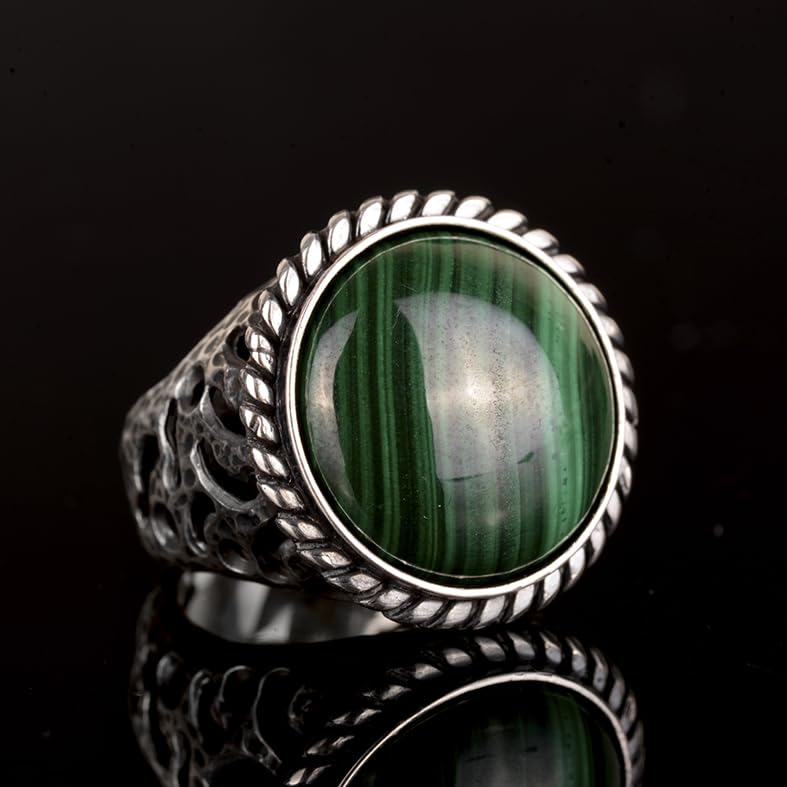 925 Sterling Silver Ring, Natural Malachite Stone Round Men's Ring — 2