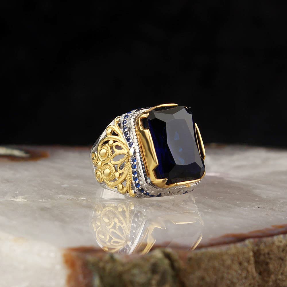 Handmade 925 Sterling Silver Men's Ring with Blue Zircon Stone, Rodium Plated Vintage Design, Unique Handmade Jewelry — 2