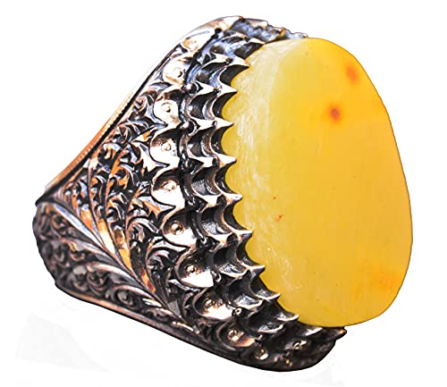 KAMBO Handmade Natural Amber Men's Ring in 925 Sterling Silver | Bold Gemstone Statement Jewelry | Vintage Inspired Desi
