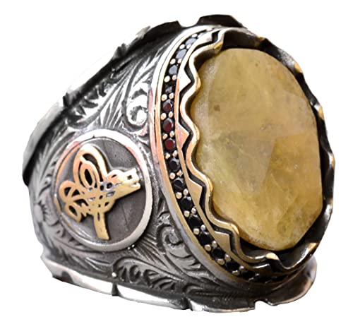 KAMBO Handcrafted Men's Ring with Genuine Yellow Sapphire - Intricate 925 Sterling Silver Ottoman Seal Signet Design - U