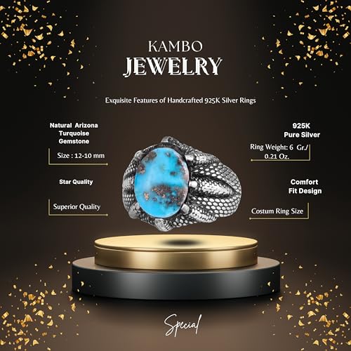 KAMBO Handmade 925 Sterling Silver Men's Ring with Natural Turquoise Gemstone and Claw Detail, Vintage Mythical Warrior 