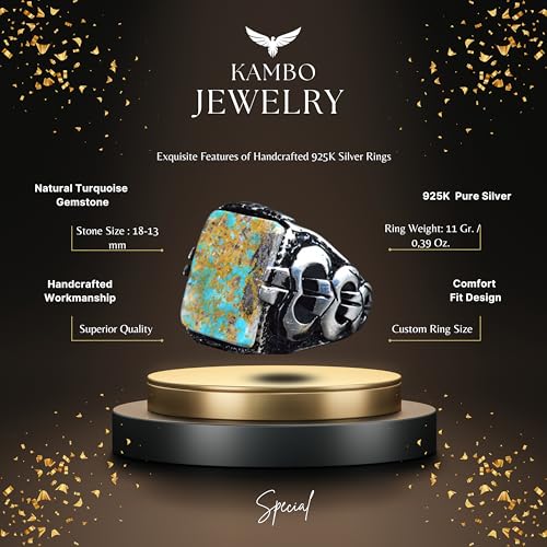 KAMBO Handmade 925 Sterling Silver Men's Ring with Genuine Natural Turquoise Rectangular Stone, Vintage Gemstone Stateme