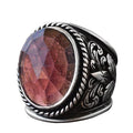 Natural Garnet Stone Ring - Lily Patterned Men's Ring - 925 Sterling Silver Design
