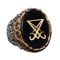 Natural Obsidian Stone Ring - 925 Sterling Silver Ring - Seal Ring (Satanic)