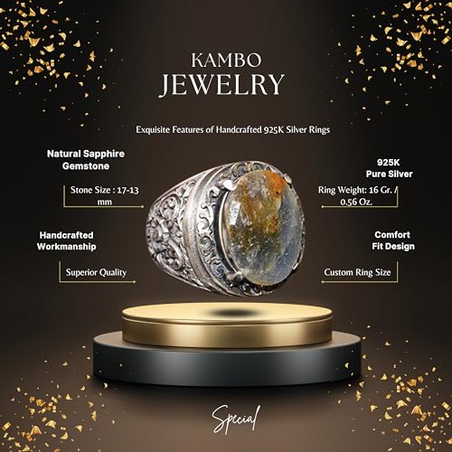 KAMBO Natural Sapphire Men's Sterling Silver Ring Handmade Vintage Christmas Statement Jewelry 925 Sterling Silver Gift 