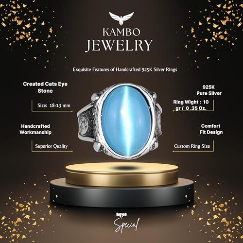 925 Sterling Silver Ring For Men, Created Cat's Eye Stone Ring, Handmade Unique Ring (Created Blue Cats Eye)