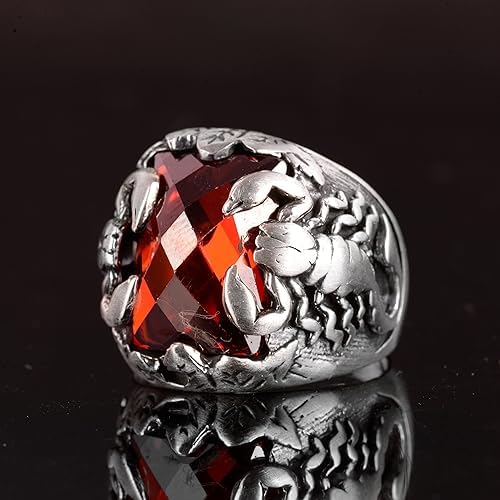 KAMBO Handmade 925 Sterling Silver Scorpion Ring for Men, Vintage Art Deco Scorpio Zodiac Sign with Created Garnet Stone