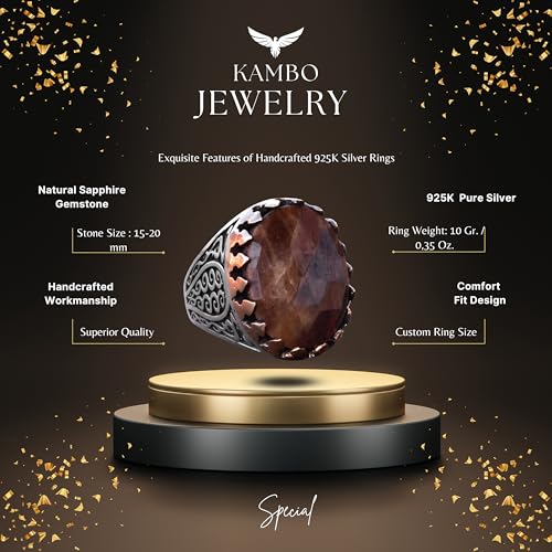 KAMBO Handmade 925 Sterling Silver Men's Ring with Genuine Natural Sapphire Oval Gemstone, Art Deco Vintage Statement De