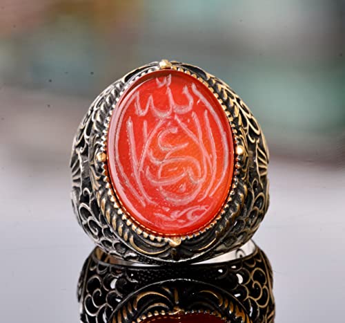 KAMBO Natural Agate Gemstone Ring Handmade 925 Sterling Silver Men's Islamic Arabic Vintage Statement Ring Elegant Gift 