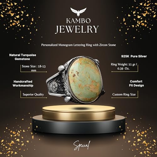 KAMBO Handmade Men's Turquoise Ring in 925 Sterling Silver, Classic Vintage Style-2 Design, Statement Healing Crystal Je