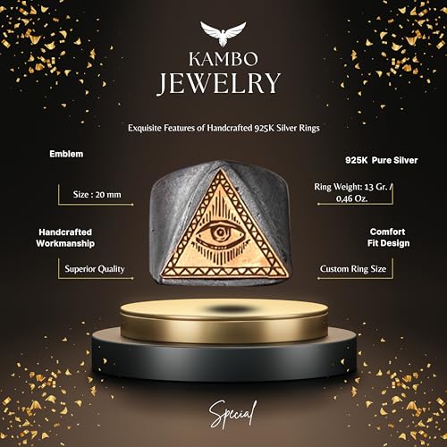Handcrafted 925 Sterling Silver Men's Ring with Gold-Plated Triangle Eye Symbol