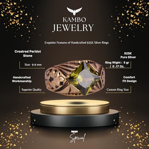 KAMBO Handmade Modern Men's Ring with Created Peridot Gemstone, Gold Plated 925 Sterling Silver, Elegant Statement Jewel