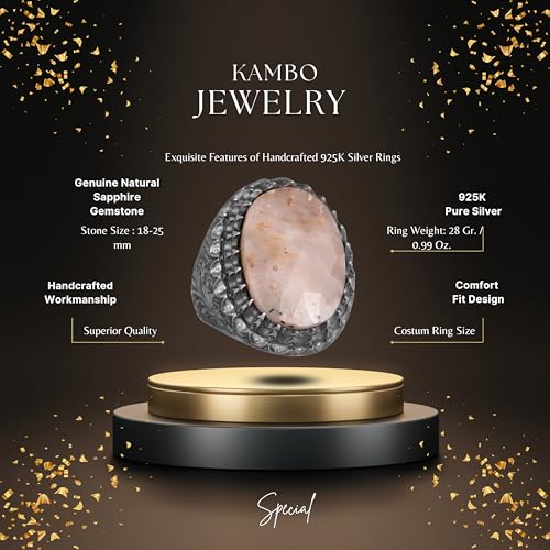 KAMBO Handmade 925 Sterling Silver Men's Sapphire Gemstone Statement Ring, Vintage Big Birthstone Ring, Elegant Gift for