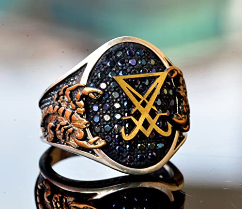 KAMBO Handcrafted Men's Scorpion Ring with Black Agate Gemstone, 925 Sterling Silver, Gold Plated, Intricate King Signet
