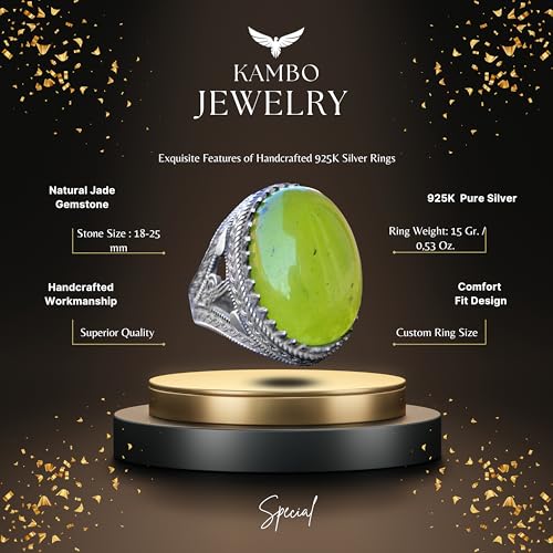 KAMBO Handmade 925 Sterling Silver Jade Gemstone Men's Ring, Serenity and Harmony Design, Vintage Statement Cocktail Rin